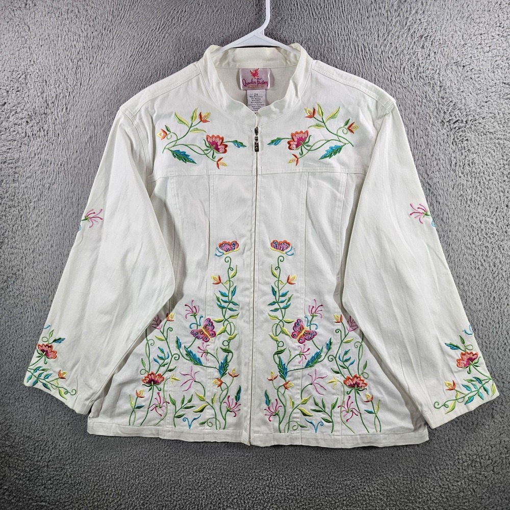 Quacker Factory Womens 2X White Embroidered Butterfly Floral Zip Jacket A68107
